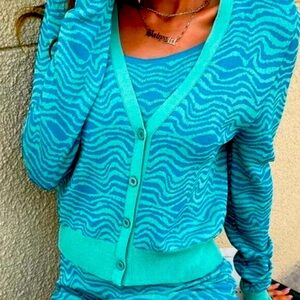 New Zara Blue Turquoise Waves Jacquard Zebra Print Knit Cropped Cardigan